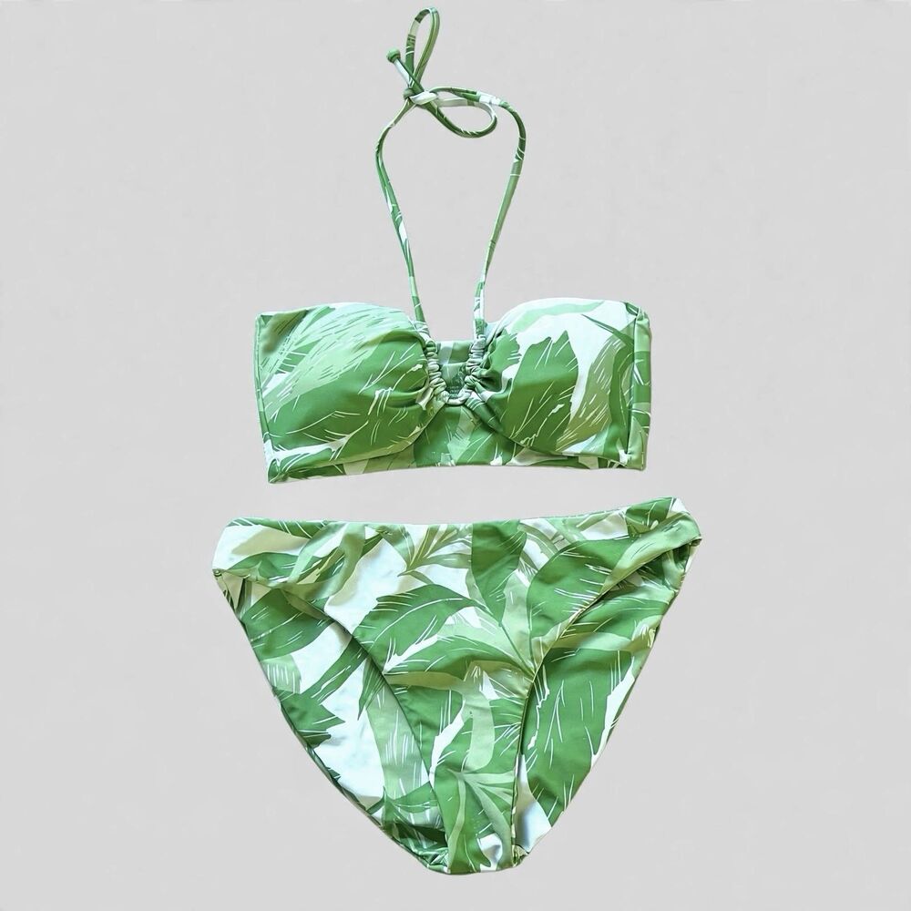 Citrine Swim Green Leaf Print Tropical 2-Piece Bikini & Bottom Set Womens sz S